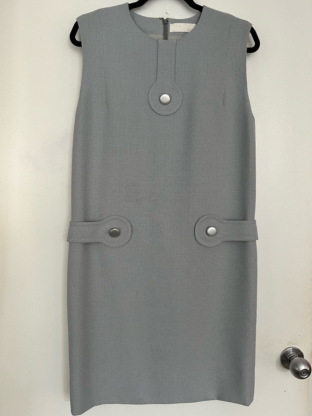 Mod Pierre Cardin cool grey drop waist shift dress belt detail
